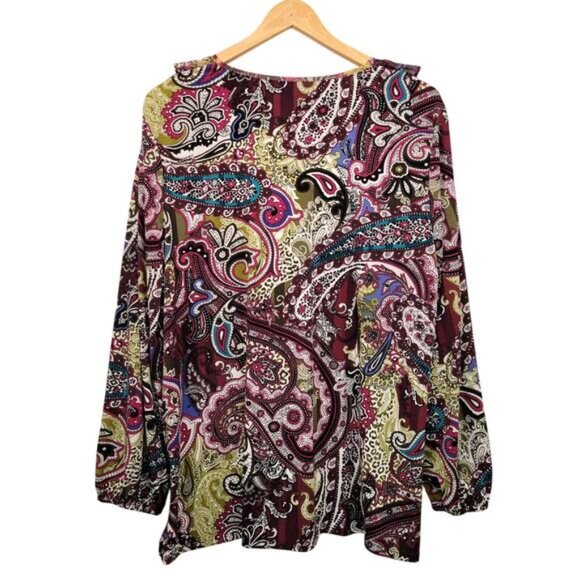 Chico's Blouse Top Women's 3, XL Paisley Ruffle Slinky Stretch Eclectic Office - Picture 2 of 8